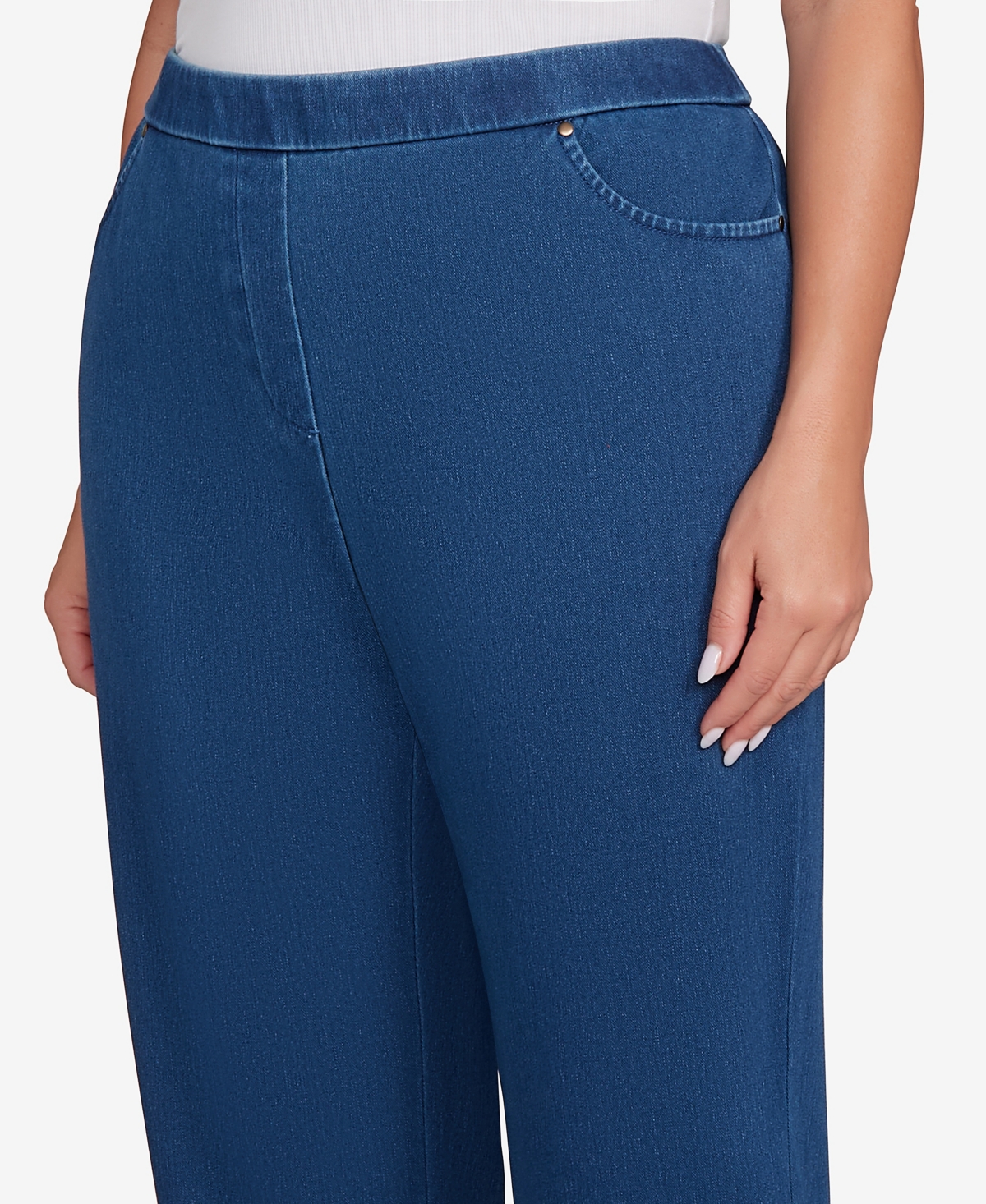 Alfred Dunner Plus Size Sunset Canyon Denim Knit Medium Length Split Hem Jeans In Blue