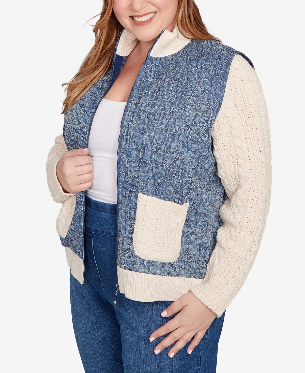 Alfred Dunner Plus Size Sunset Canyon Sweater Ribbed Quilted Jacket In Blue