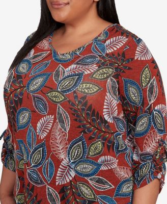 Plus Size Sunset Canyon Batik Leaves M&eacute;lange Asymmetrical Top