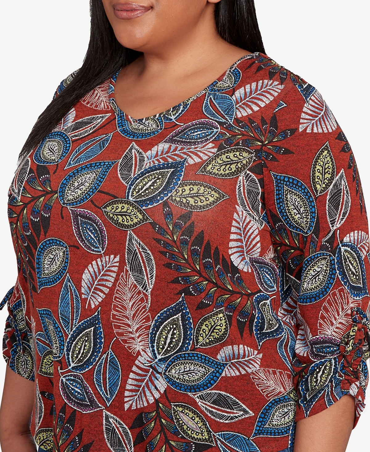 Alfred Dunner Plus Size Sunset Canyon Batik Leaves Melange Asymmetrical Top In Brown