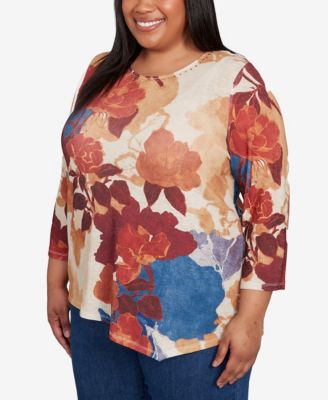 Plus Size Sunset Canyon Dramatic Abstract Floral Asymmetrical Top