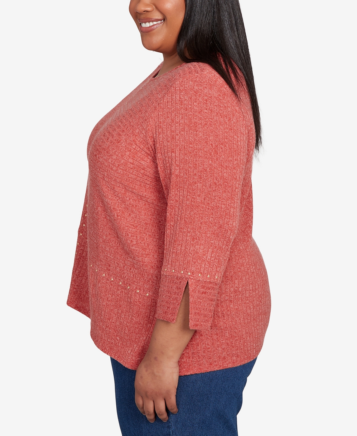 Alfred Dunner Plus Size Sunset Canyon Embellished Spliced Solid Top In Brown