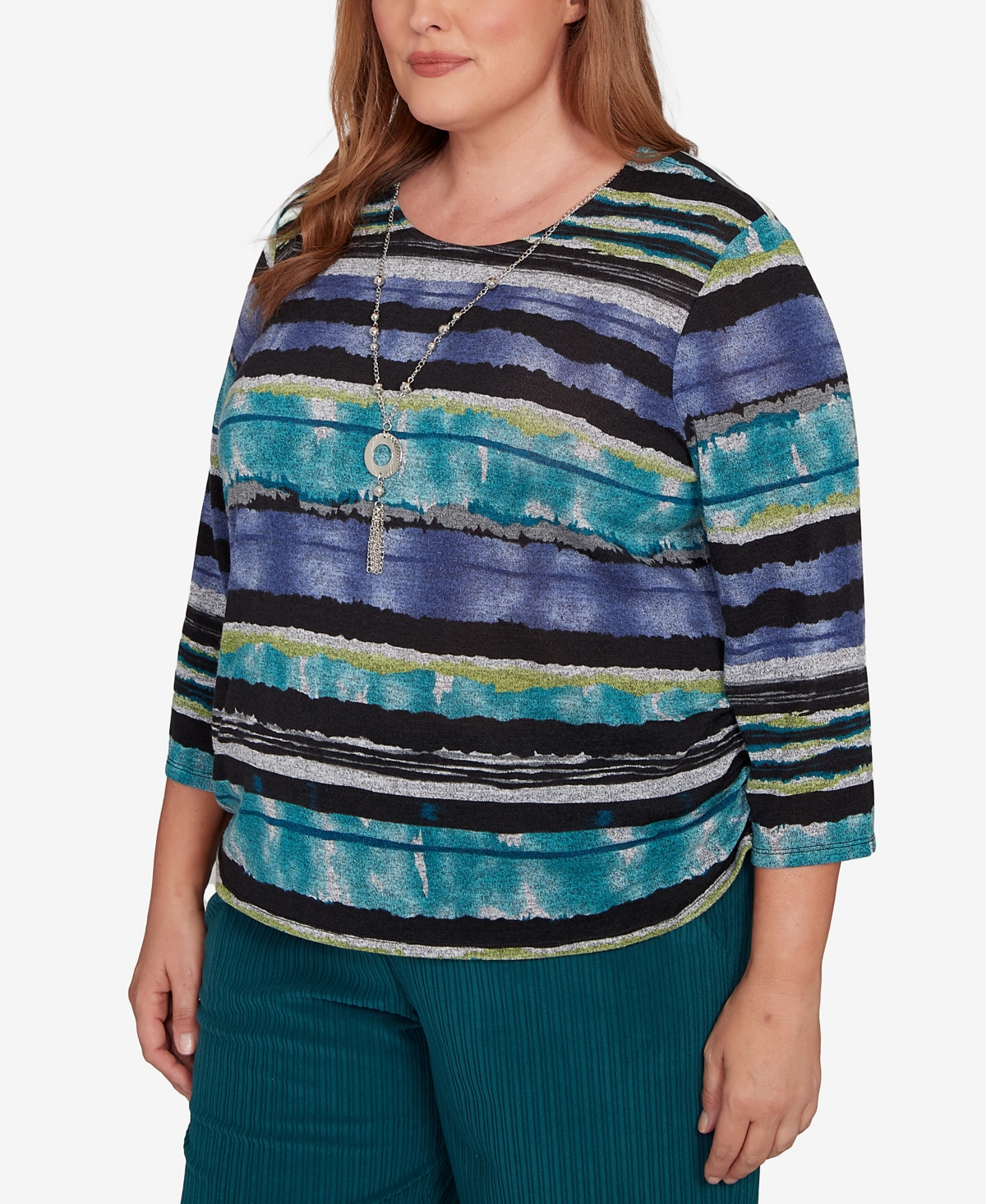 Alfred Dunner Plus Size Lake Champlain Biadere Melange Stripe Top With Necklace In Blue