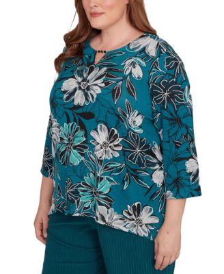 Plus Size Lake Champlain Floral Printed Beaded Neck Top