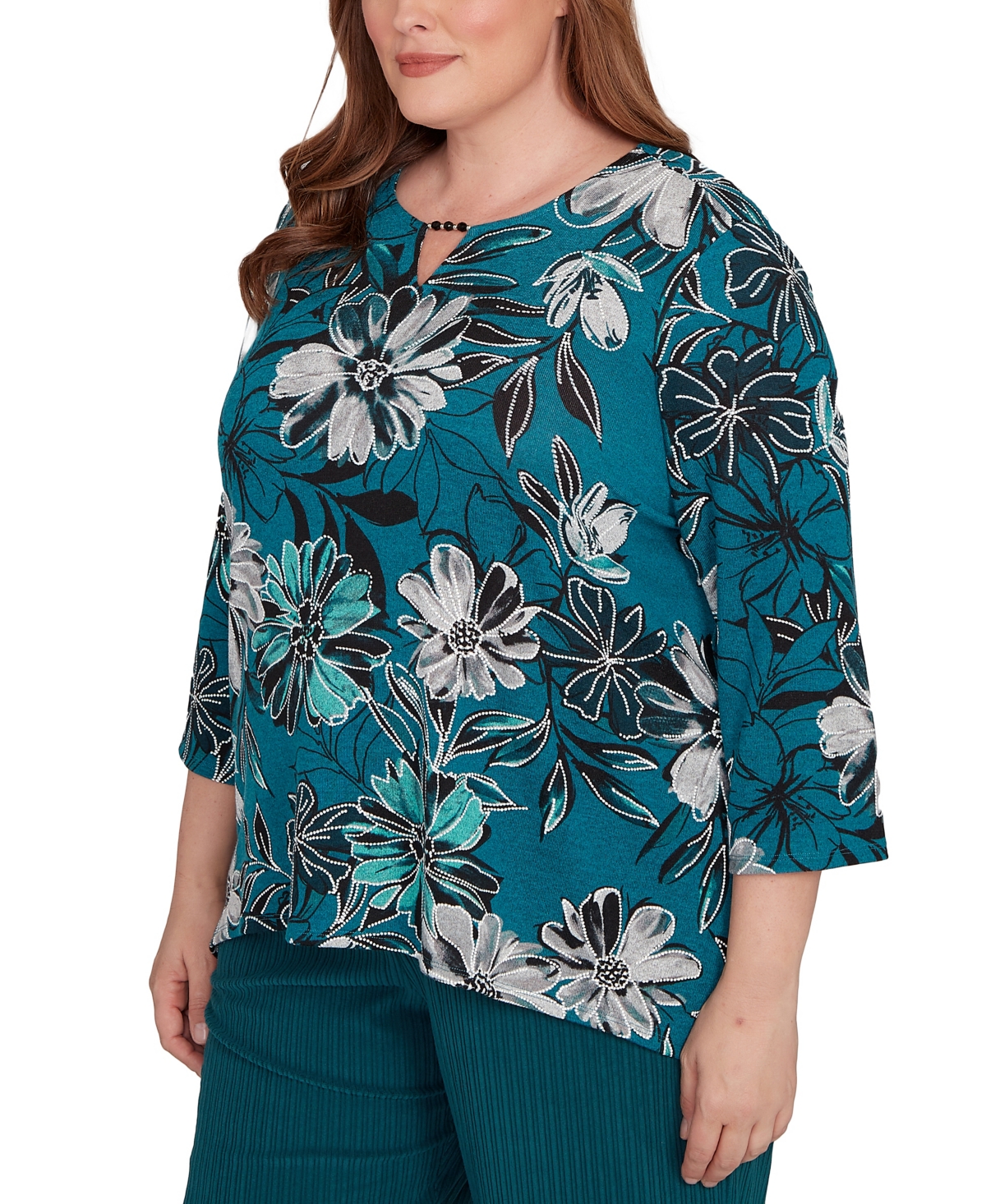 Alfred Dunner Plus Size Lake Champlain Floral Printed Beaded Neck Top In Blue