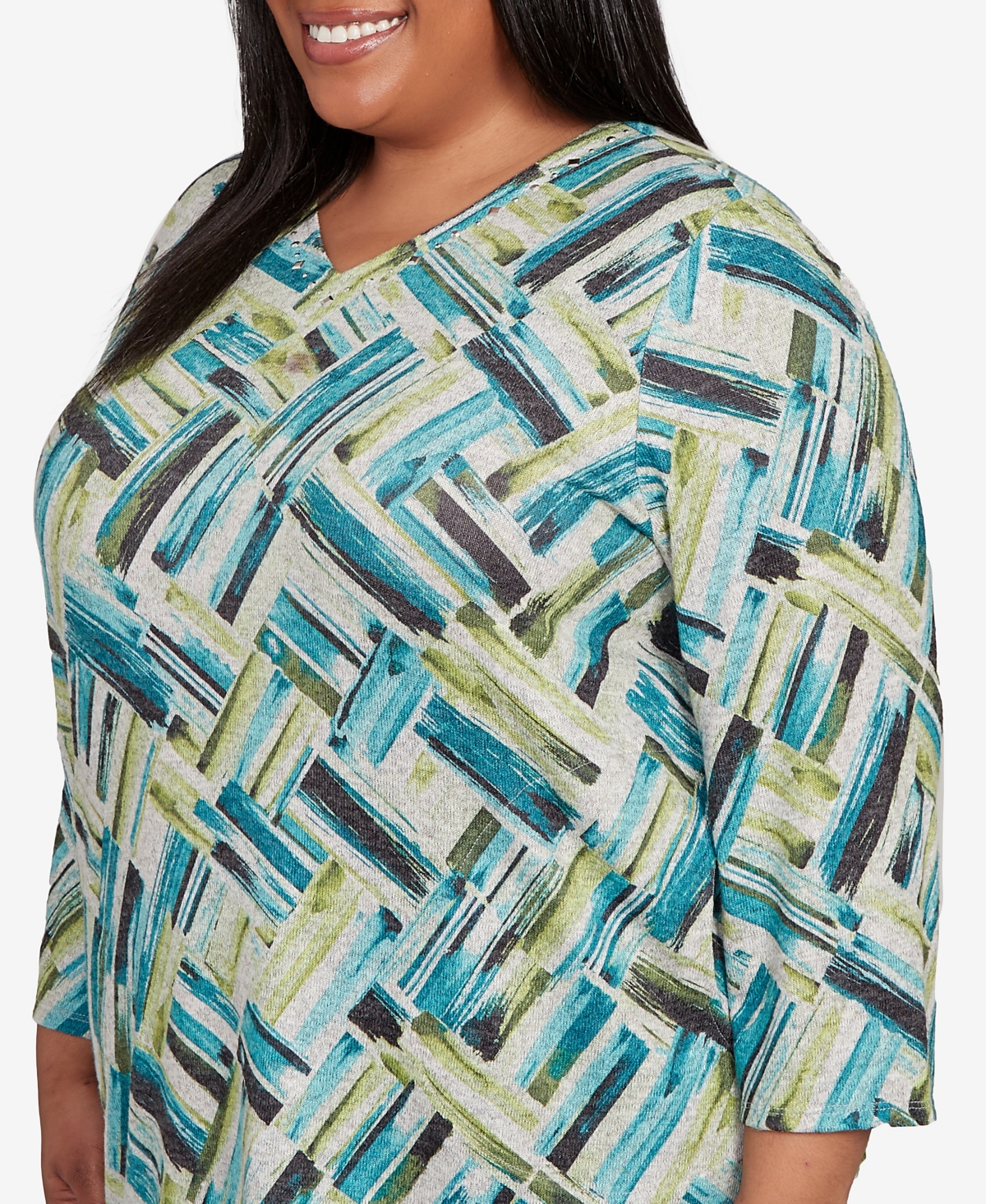 Alfred Dunner Plus Size Lake Champlain Detailed V Neck Brushstroke Top In Multi