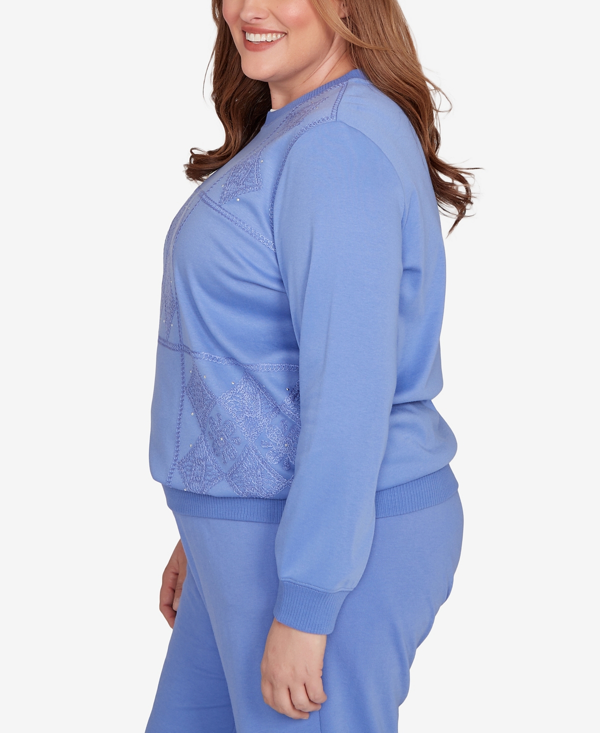 Alfred Dunner Plus Size Casual Vibe Embroidered Patchwork Long Sleeve Top In Blue