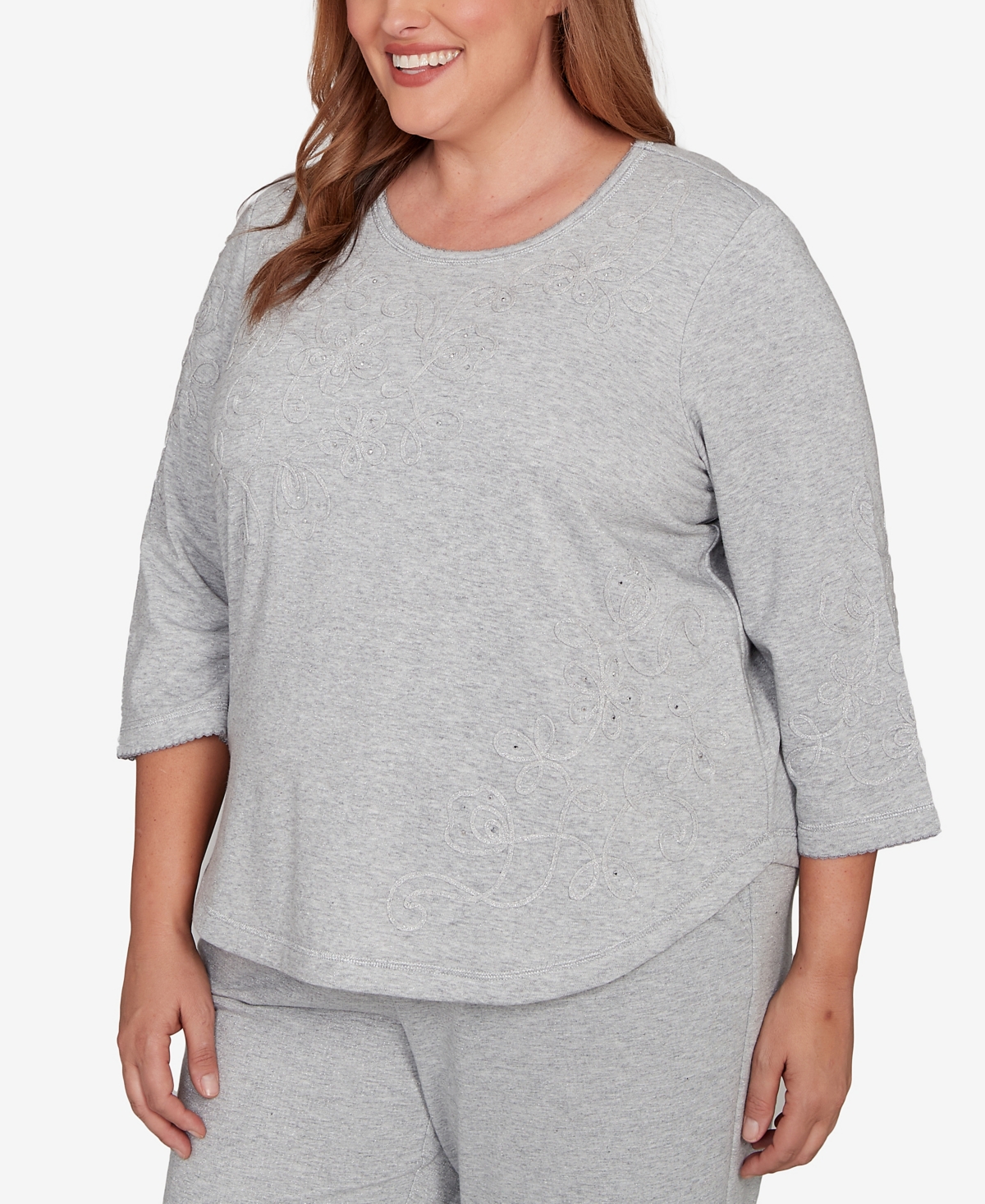 Alfred Dunner Plus Size Casual Vibe Asymmetrical Floral Embroidered Detail Top In Gray