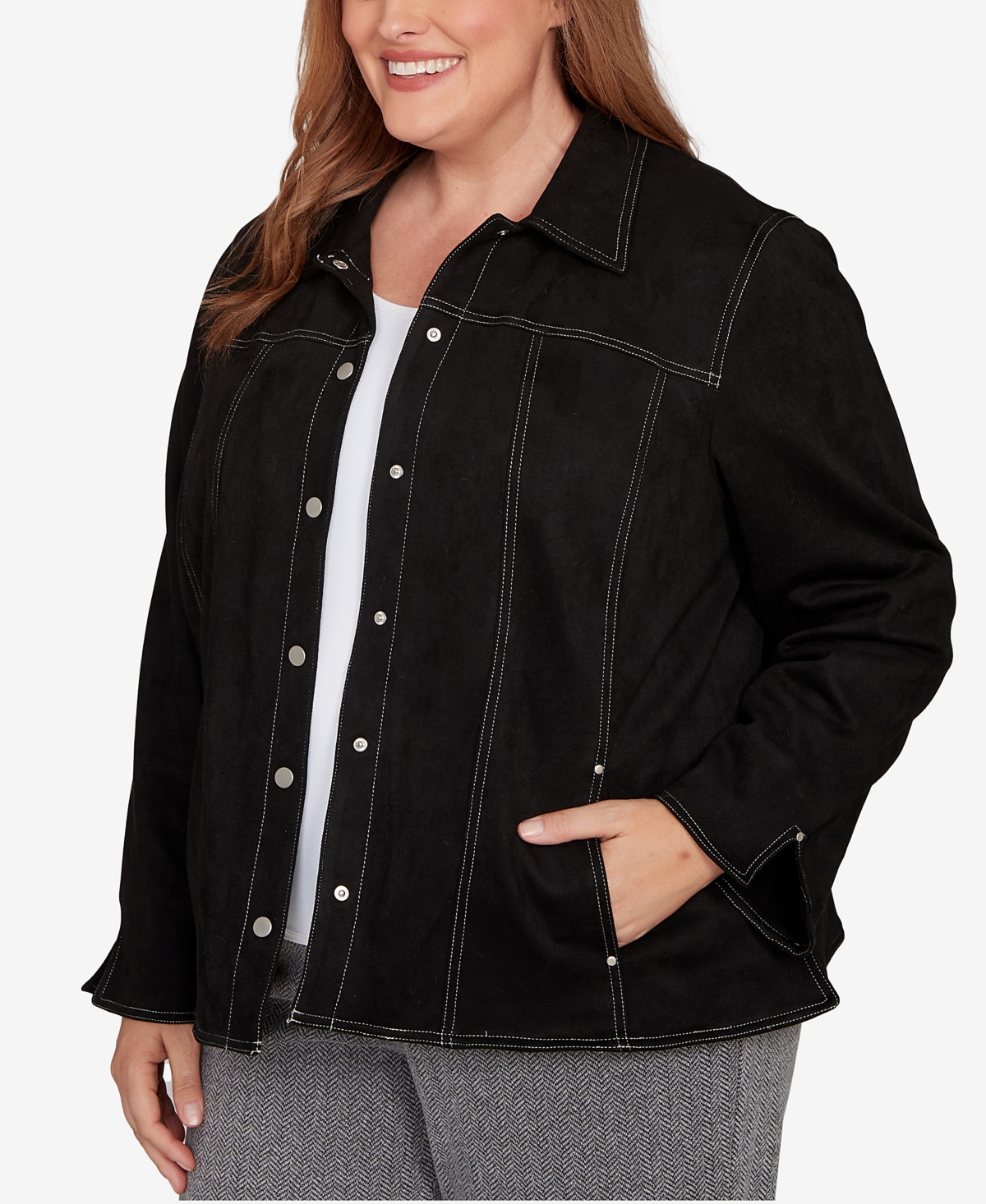 Alfred Dunner Plus Size Jet Setter Print Lining Faux Suede Jacket In Black