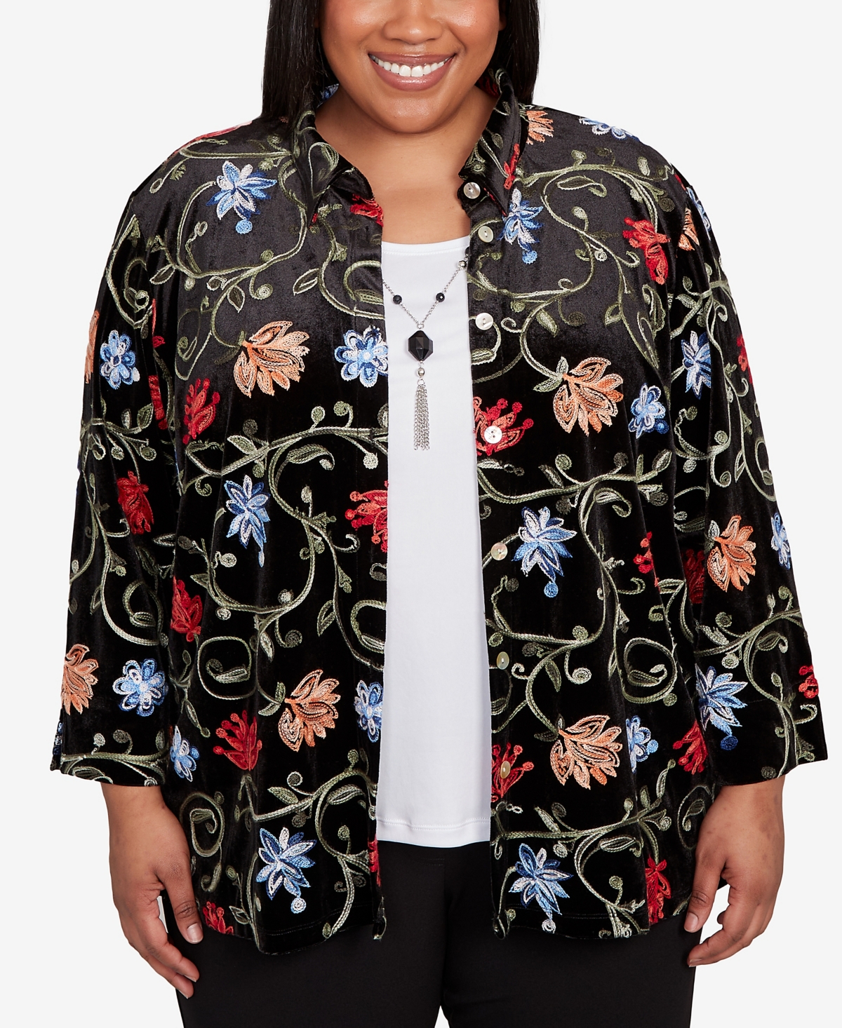 Alfred Dunner Plus Size Jet Setter Rich Velvet Floral Two In One Top With Necklace In Black
