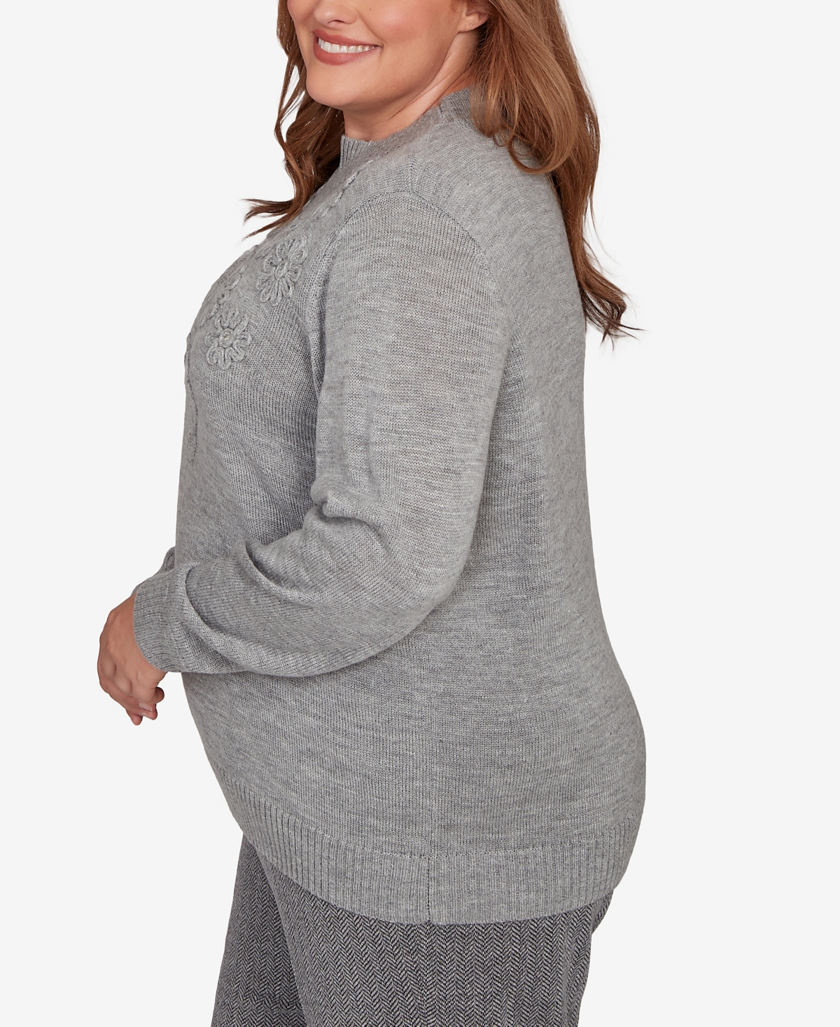 Alfred Dunner Plus Size Jet Setter Floral Soutache Embroidered Sweater In Gray