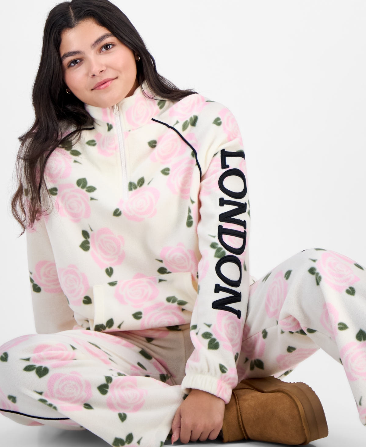 Rebellious One Juniors' London Rose-Print Polar Fleece Half-Zip Top