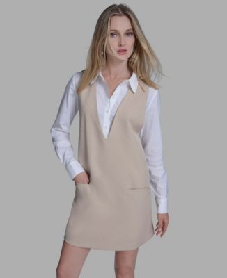Women's Long Sleeve Twofer Vest Shirt Dress
