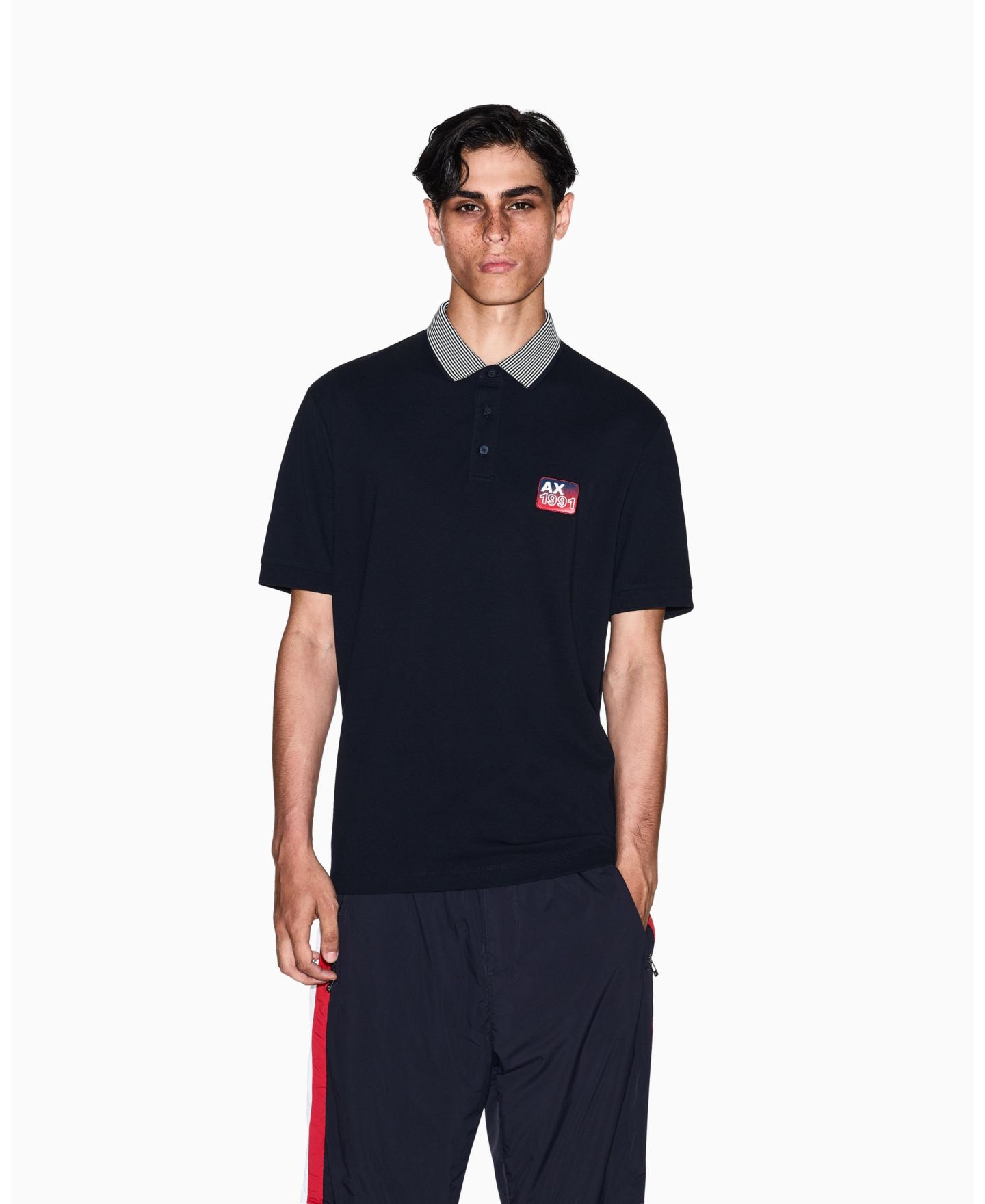 Мужское поло A|X Armani Exchange Graphic Pique Collar Tipping Polo Shirt, цвет: Глубокий тёмно-синий — фото 1