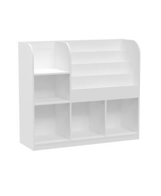 36 in. Wide White/Gray Multifunctional Kids Bookcase and Bookshelf with 3 Collapsible Fabric Drawers Bookcase Display Stand