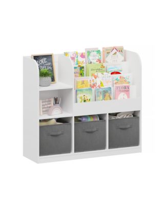 36 in. Wide White/Gray Multifunctional Kids Bookcase and Bookshelf with 3 Collapsible Fabric Drawers Bookcase Display Stand