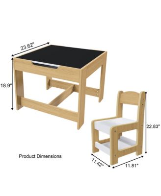 Natural Wood 3-in-1 Kids Study Table and Chairs Set with Detachable Blackboard Top for Drawing