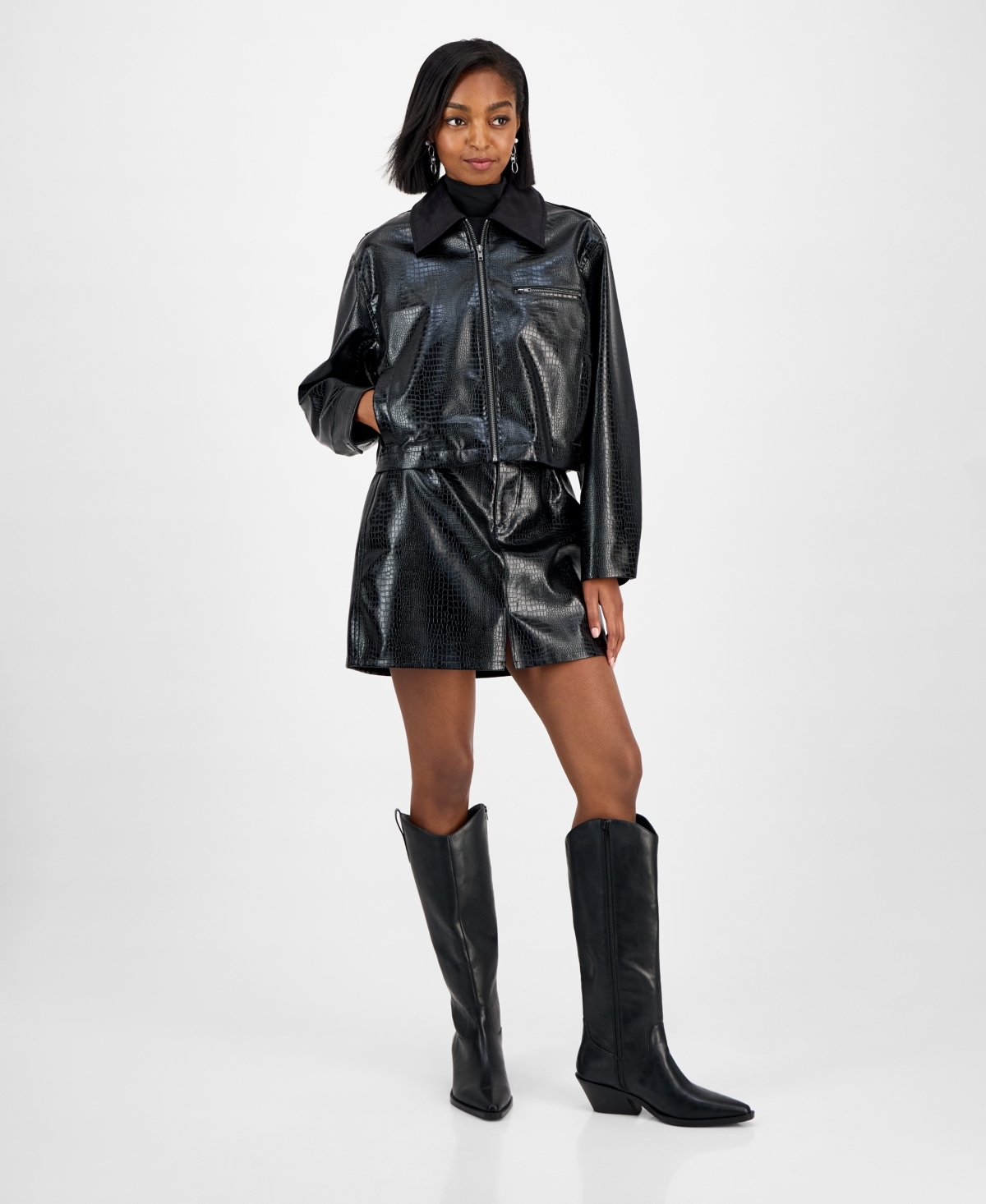 Bar Iii Women's Embossed Faux Leather Cropped Jacket, Macy's Exclusive In Black