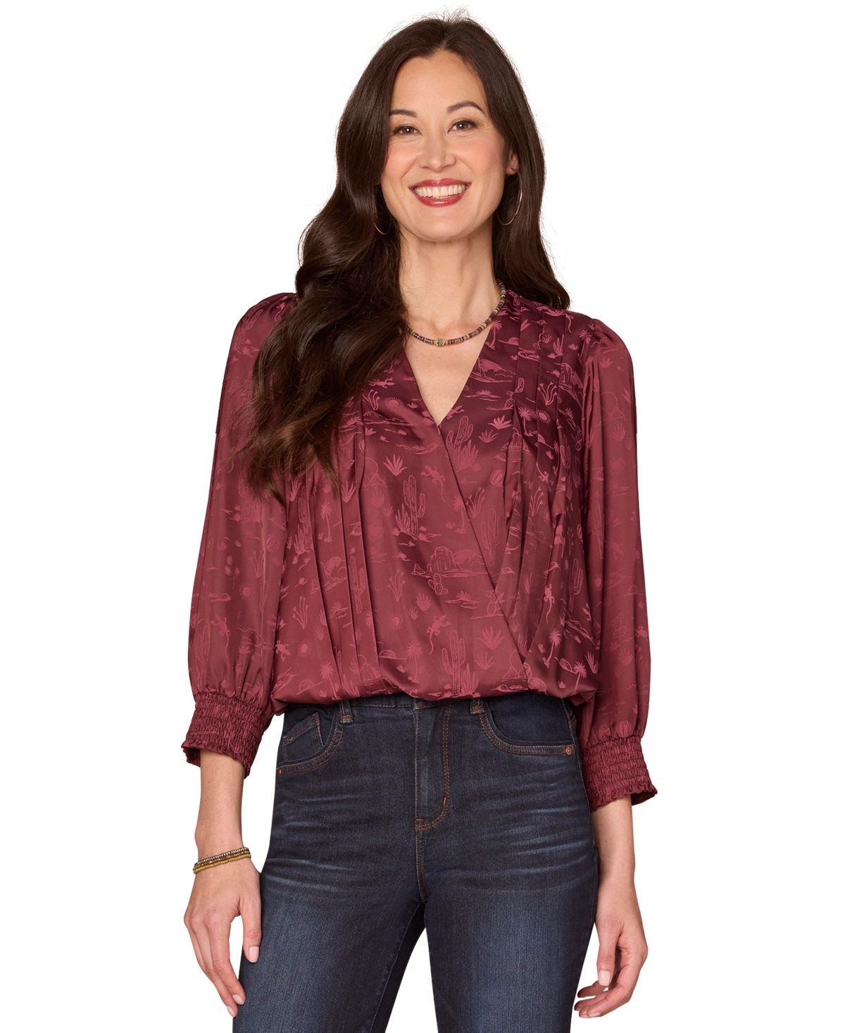 Democracy Petite 3/4 Sleeve Blouson Top In Burgundy
