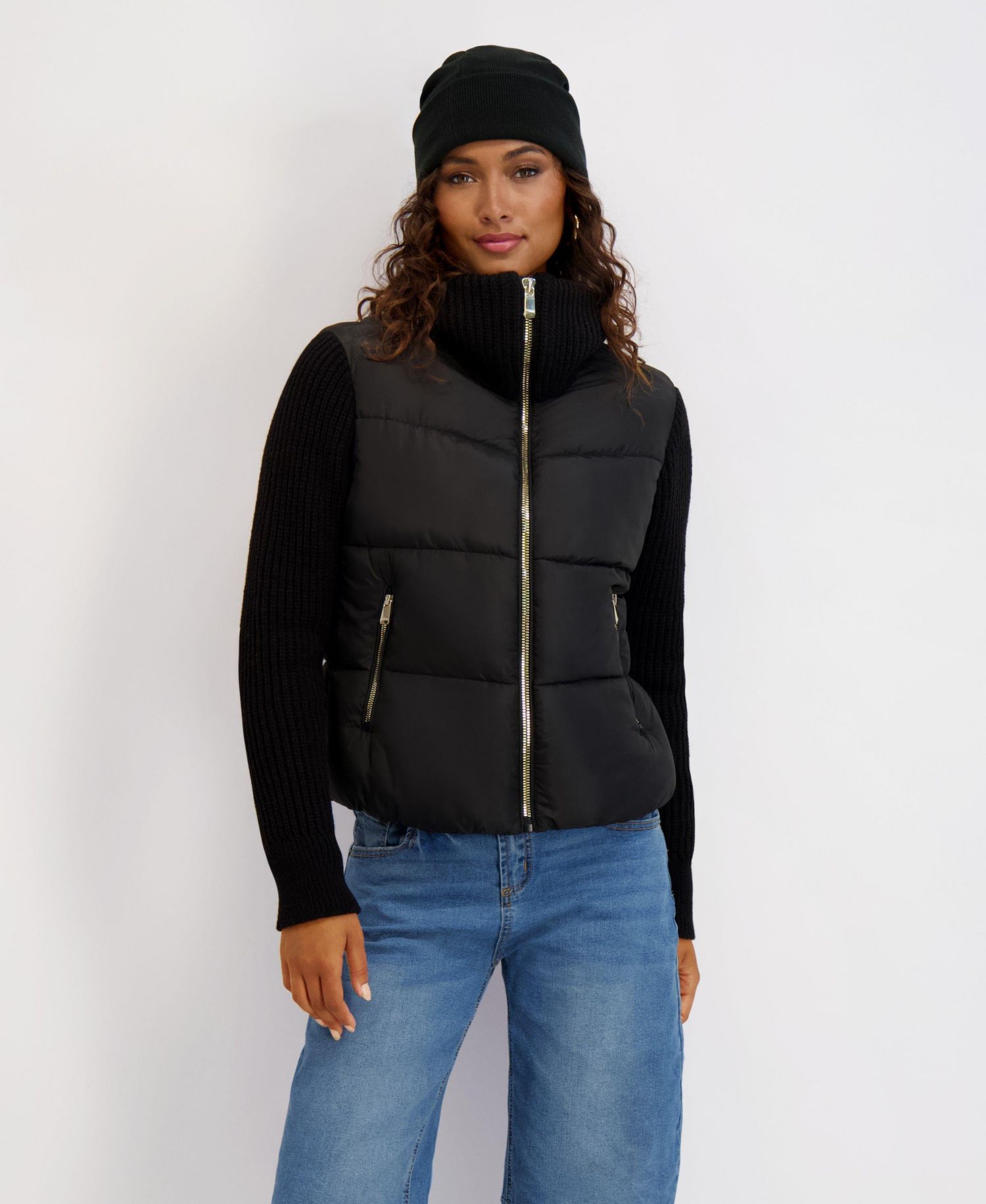 Women's Mixed Media Short Puffer with Knit Sleeves and Collar
