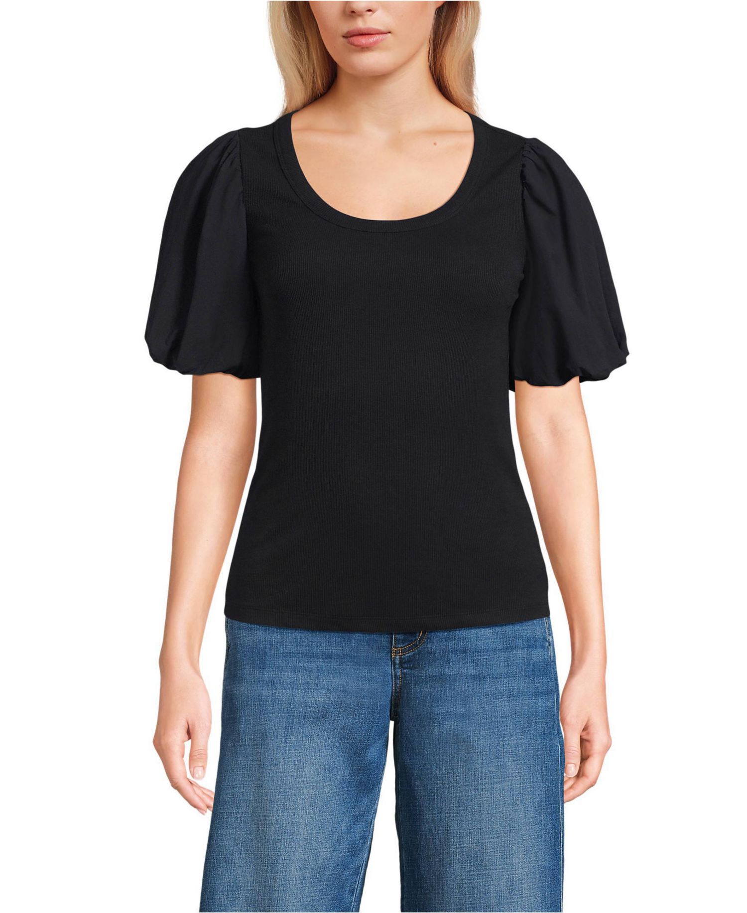 Women's Drapey Rib Puff Sleeve Scoop Neck Top