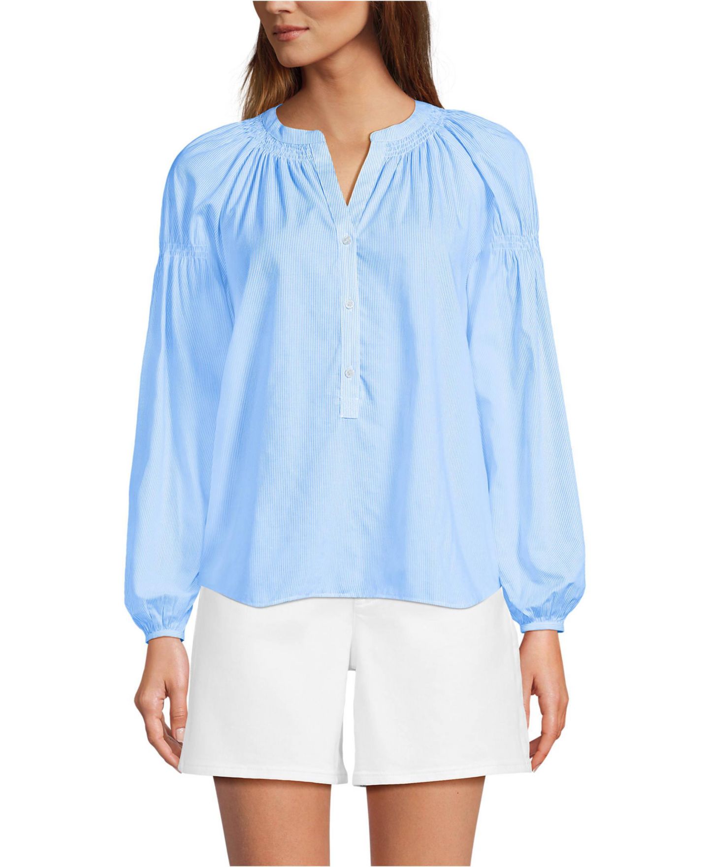 Женский топ Lands' End Cotton Voile Long Sleeve Raglan Smocked, цвет: Синий / Белый — фото 4