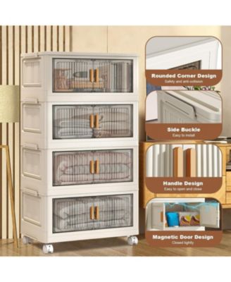 Stackable Storage Bins With Lids, 4-Tier Folding Storage Box,With Doors and Wheels, Collapsible Plastic Storage Bins- for Clothing, Toys