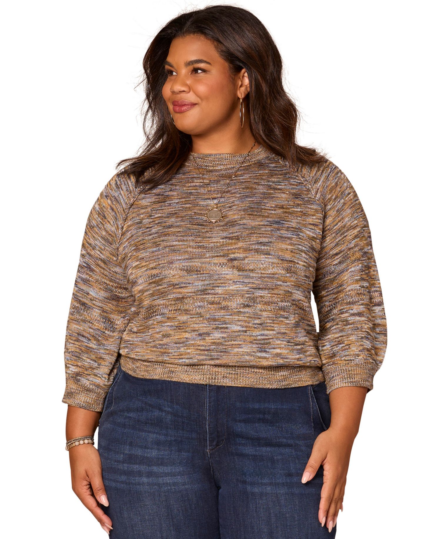 Plus Space Dye Round-Neck Blouson-Sleeve Sweater
