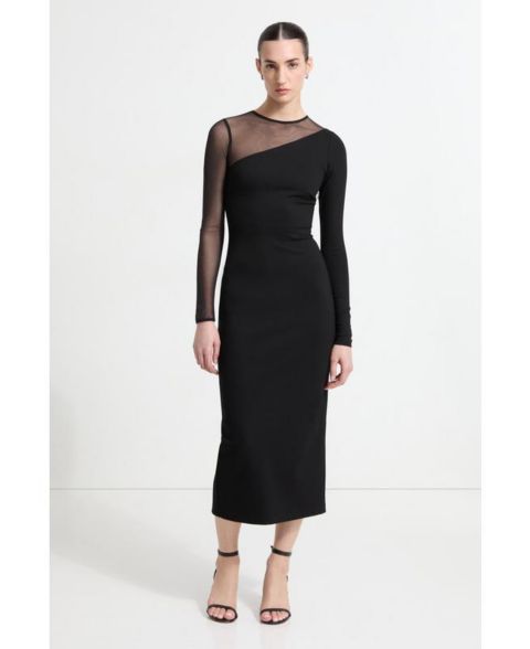 Женское платье Marcella Milo Mesh-Sleeve Column Midi Dress with Back Slit, цвет: Чёрный