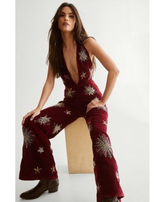 Women's Star Embellished Velvet Halter Jumpsuit