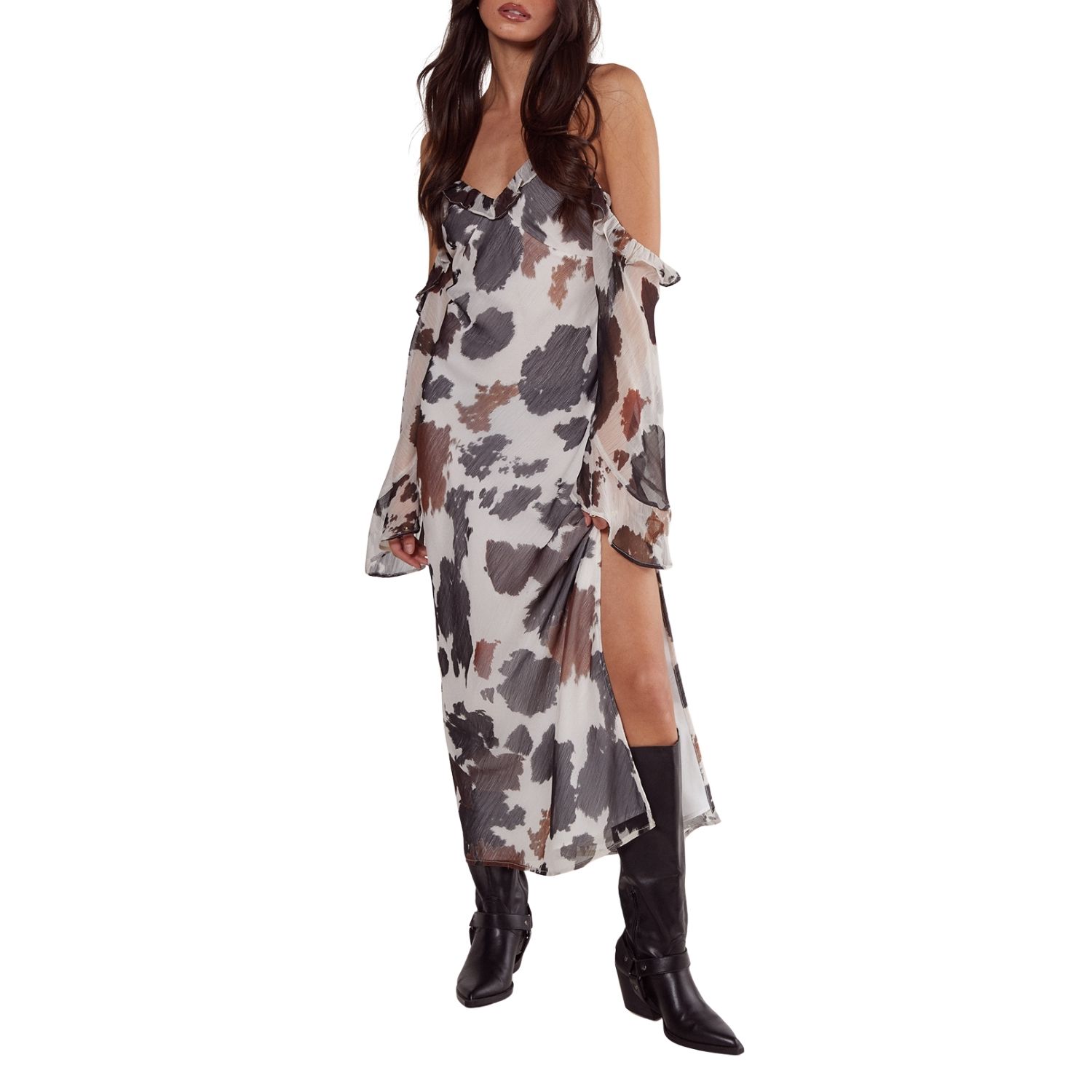 Women's Cold Shoulder Bias Cut Split Maxi Dress