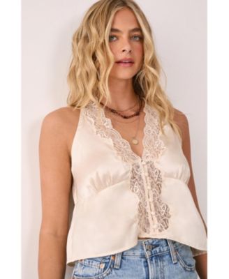 Women's Satin Embroidered Lace Button Front Vest