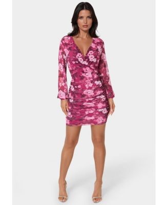 Women's Long Sleeve Faux Wrap Ruched Mini Dress