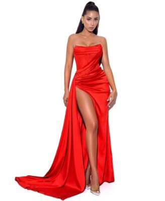 Women Holly Red Crystallized Corset High Slit Satin Gown