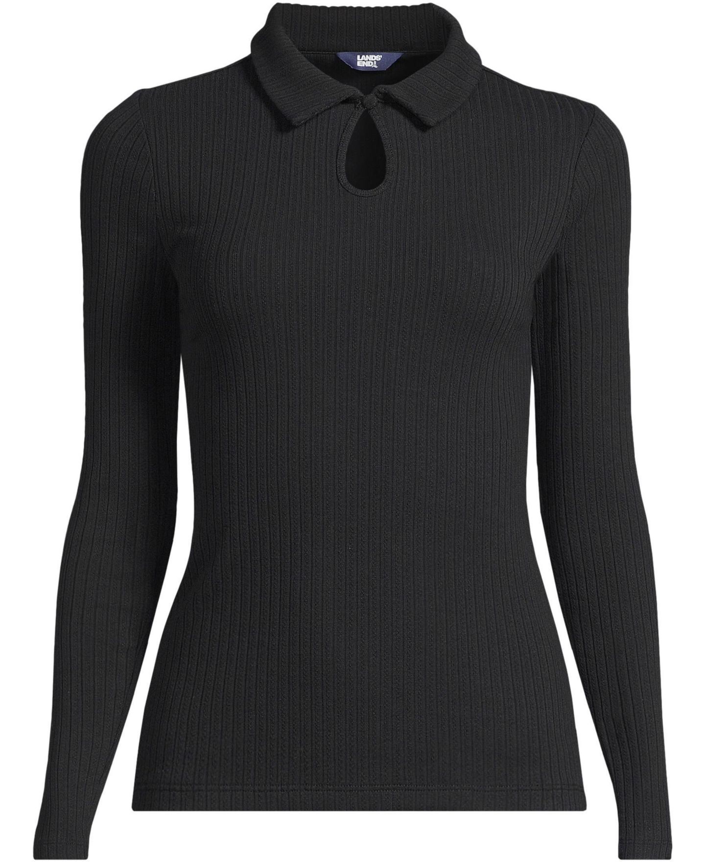 Женский топ Lands' End Plus Size Long Sleeve Pointelle Rib Keyhole Polo, цвет: Чёрный — фото 2