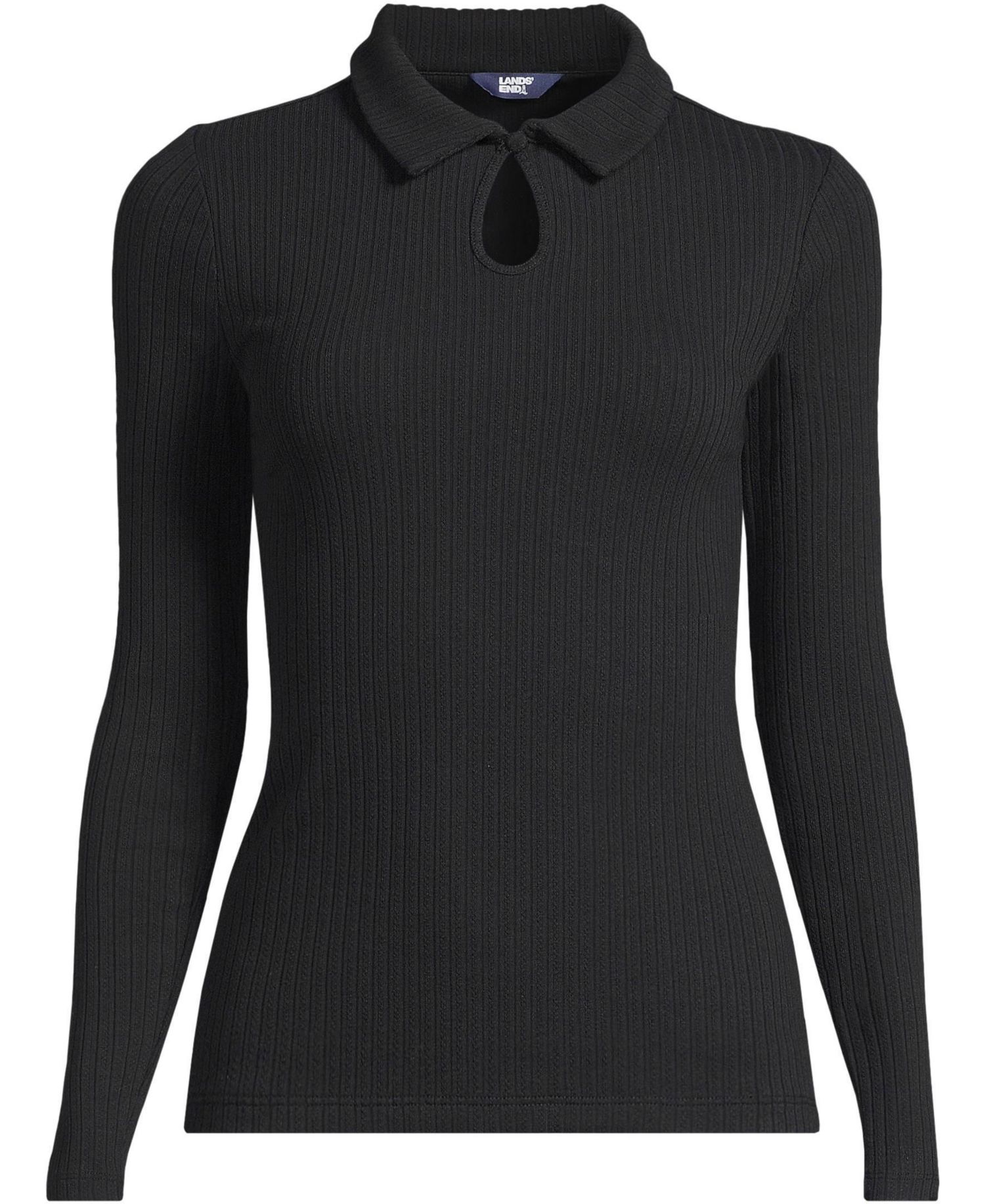Plus Size Long Sleeve Pointelle Rib Keyhole Polo Top
