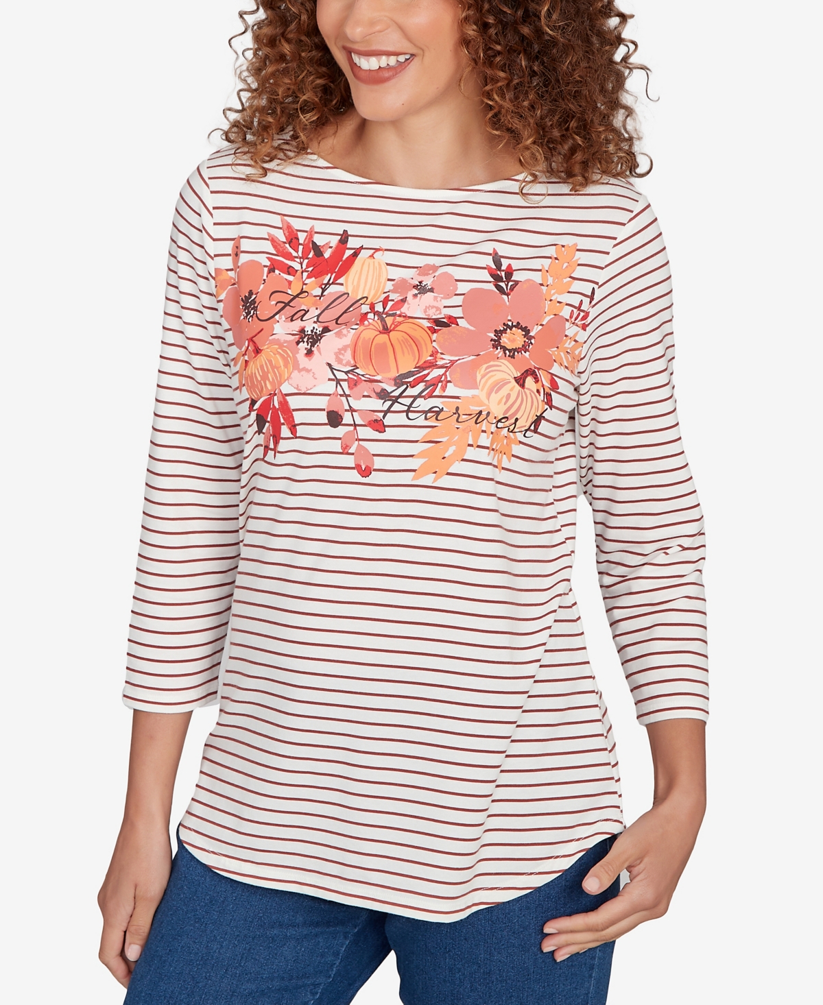 Ruby Rd. Petite Fall Harvest Striped Knit Top In White