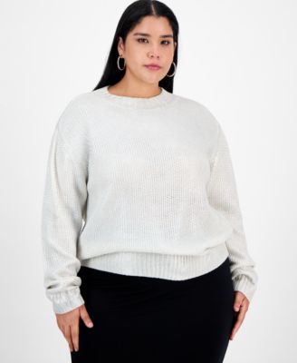 Trendy Plus Foil-Print Drop-Shoulder Crewneck Sweater, Macy's Exclusive