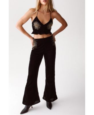 Star Embellished Velvet Flared Pants