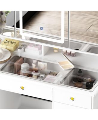 Glass Top 9-Drawers and 3-Mirrors Makeup Vanity Desk ,Dressing Table , Hidden Storage Shelves, LED Lighted