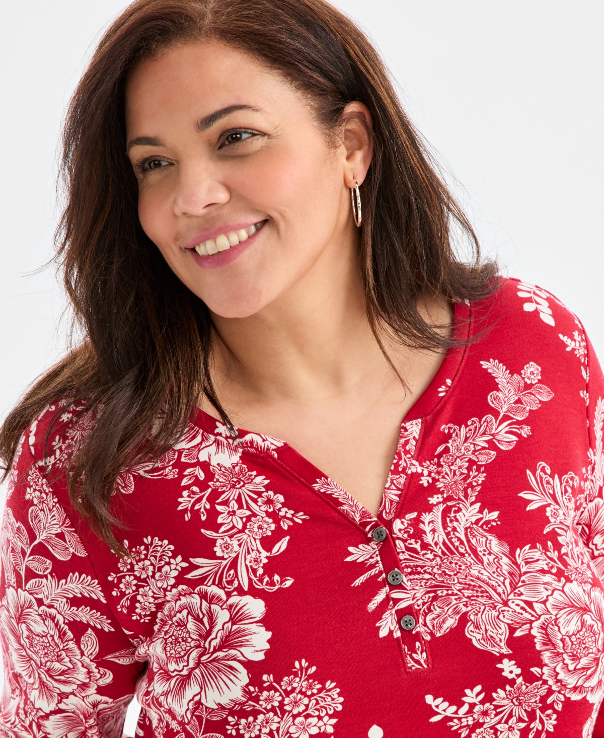 Style & Co Plus Size 3/4-sleeve Cotton Henley Top, Exclusively At Macy's In Red