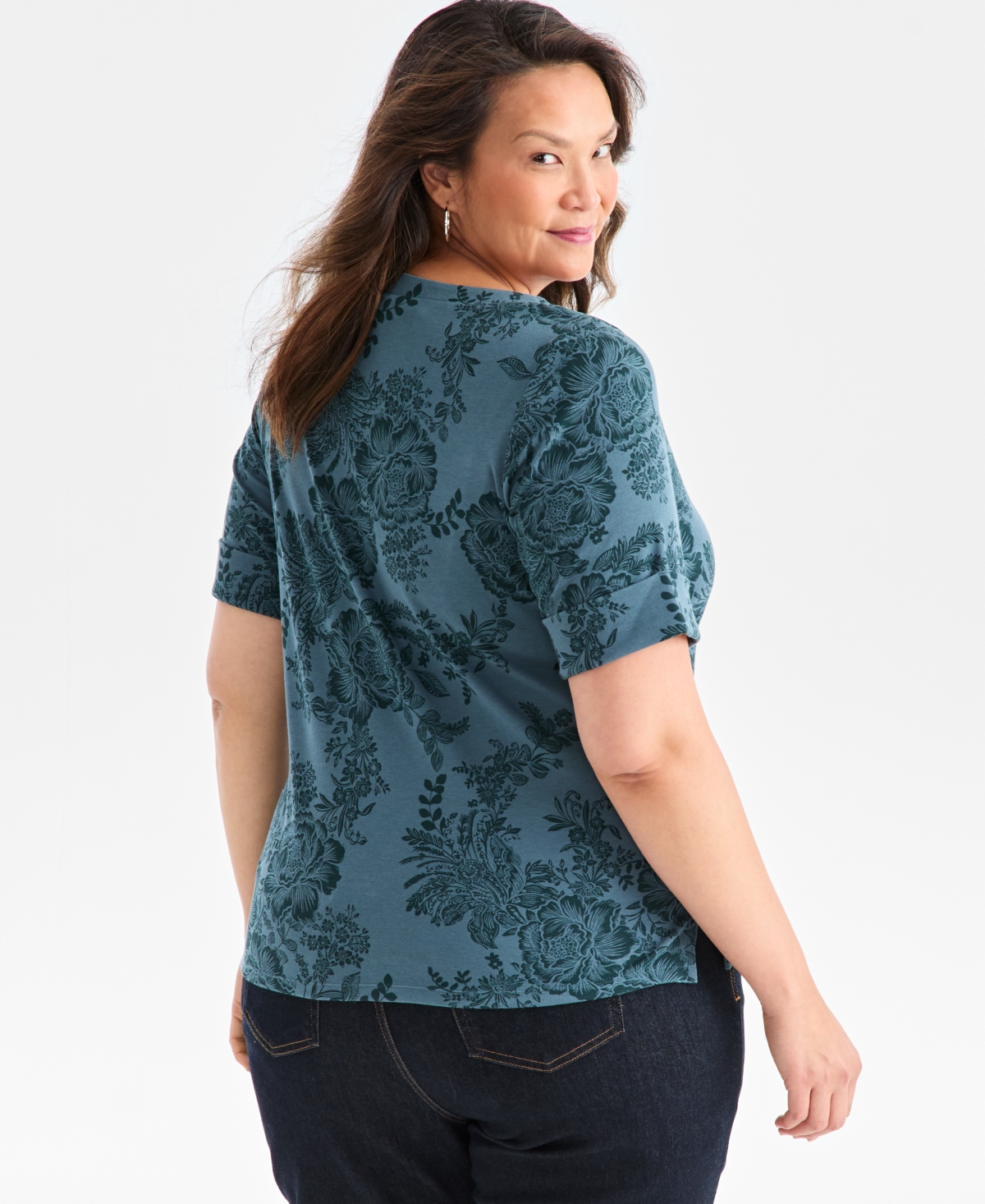 Style & Co Plus Size Printed Elbow-sleeve Top, Macy's Exclusive In Blue