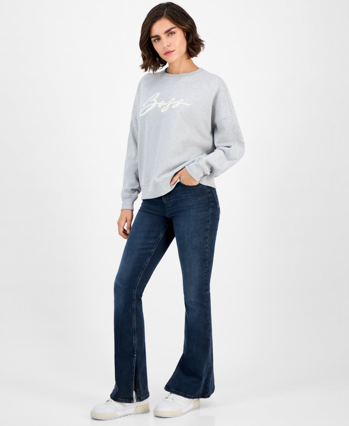 Hugo Boss Women's Cotton Logo Crewneck Sweatshirt In Gray