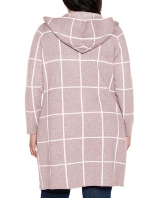 Plus Size Hooded Windowpane Plaid Cardigan Sweater