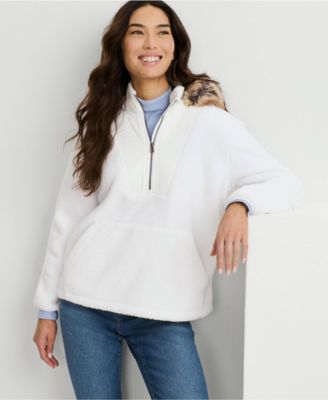 Women's Hooded Half Zip Faux Fur High Pile Fleece Pullover