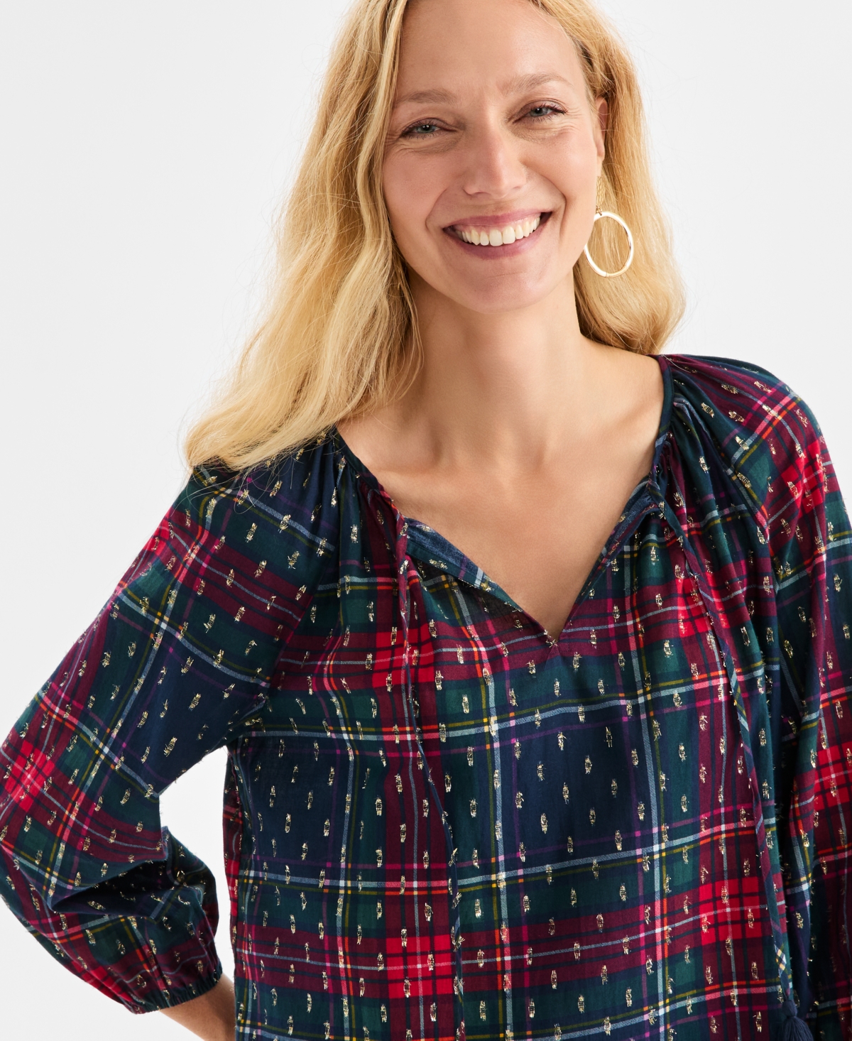 Style & Co Women's Plaid 3/4 Sleeve Split Neck Top With Lurex, Macy's Exclusive In Multi