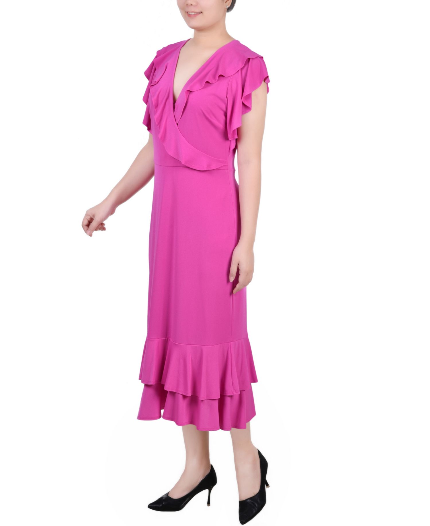 Women's Short Flutter Sleeve Ruffle Neck Dress
