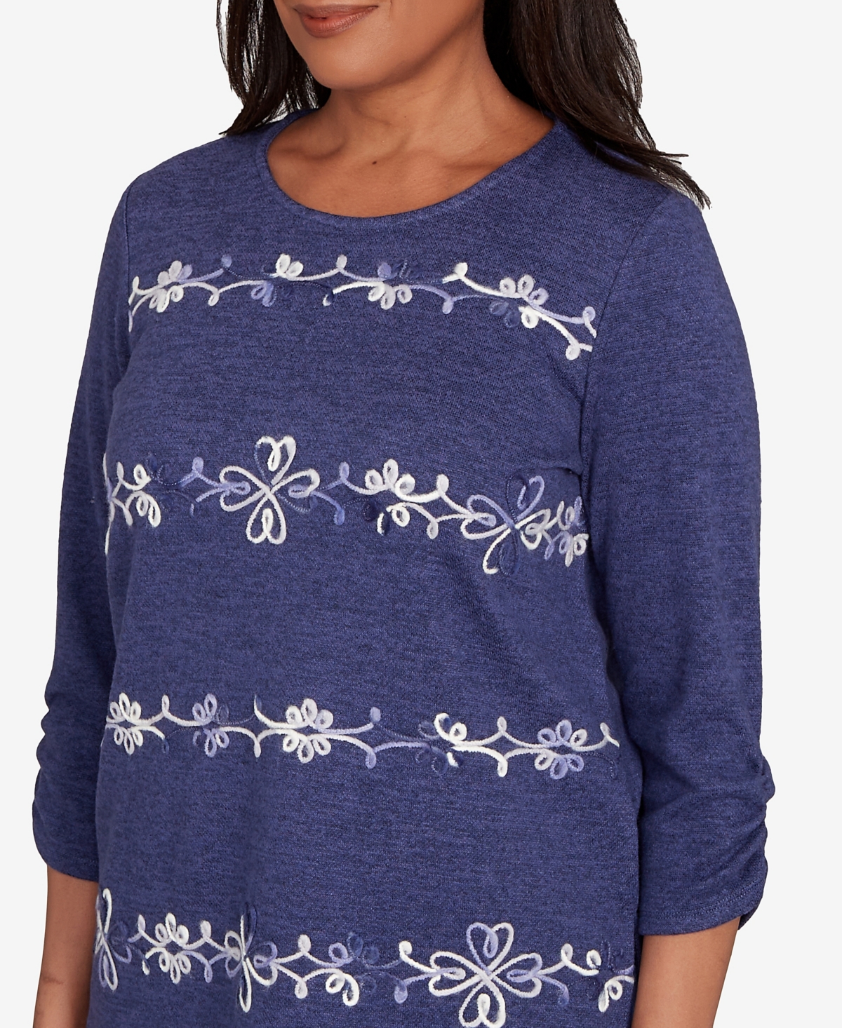 Alfred Dunner Petite Lake Champlain Embroidered Scroll Ruched Sleeve Top In Blue