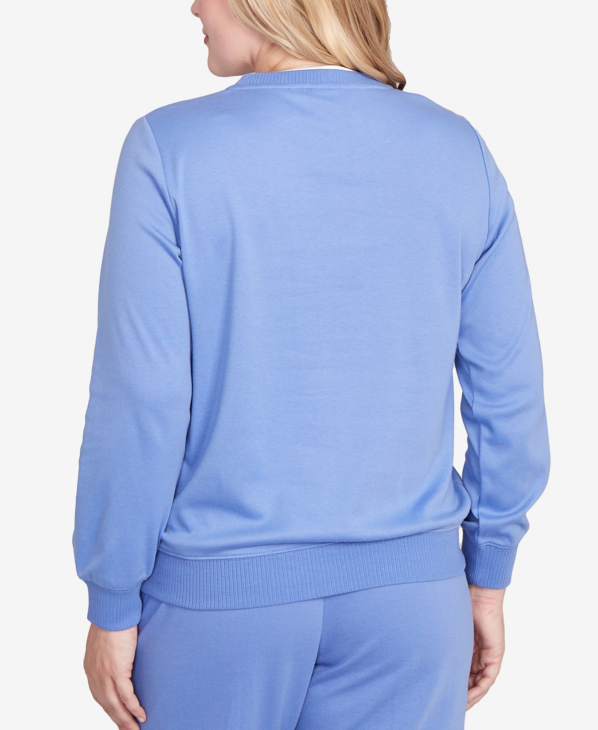 Alfred Dunner Women's Casual Vibe Embroidered Patchwork Long Sleeve Top In Blue