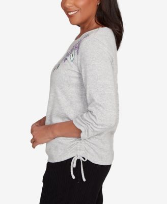 Women's Lake Champlain Embroidered Flowers with Side Tie Ruching Top